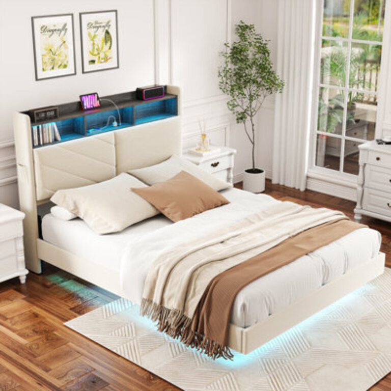 Sharwin Upholstered Wood and Metal Floating Bed with LED