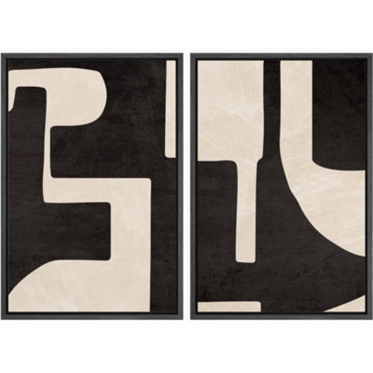 Mid Century Shape Modern Black  Cream Geometric Shape Artwork Classy Abstract Neutral Wall Pictures Framed Canvas Giclee Print 2 Pieces Wall Art 16x24x2 pcs 24x36x2 pcs