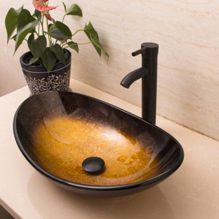 Wonline 1417 Tempered Glass Oval Bathroom Sink with Faucet