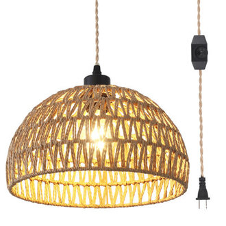 Derica 1 - Light 1181in Plug-In Woven Rattan Dome Pendant with Rope Accents Boho Style 1476 feet Cord