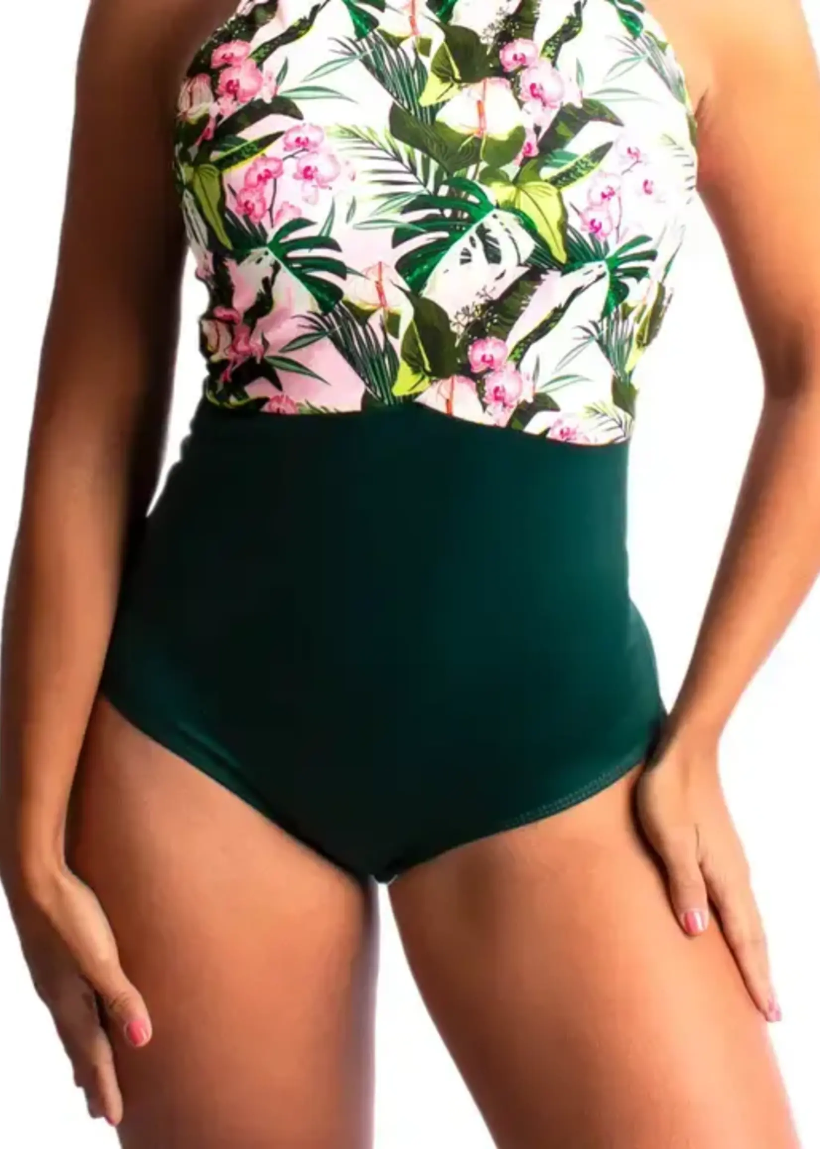 Mombora One Piece Swim Suit, Floral Top, Green Bottom - Assorted Sizes