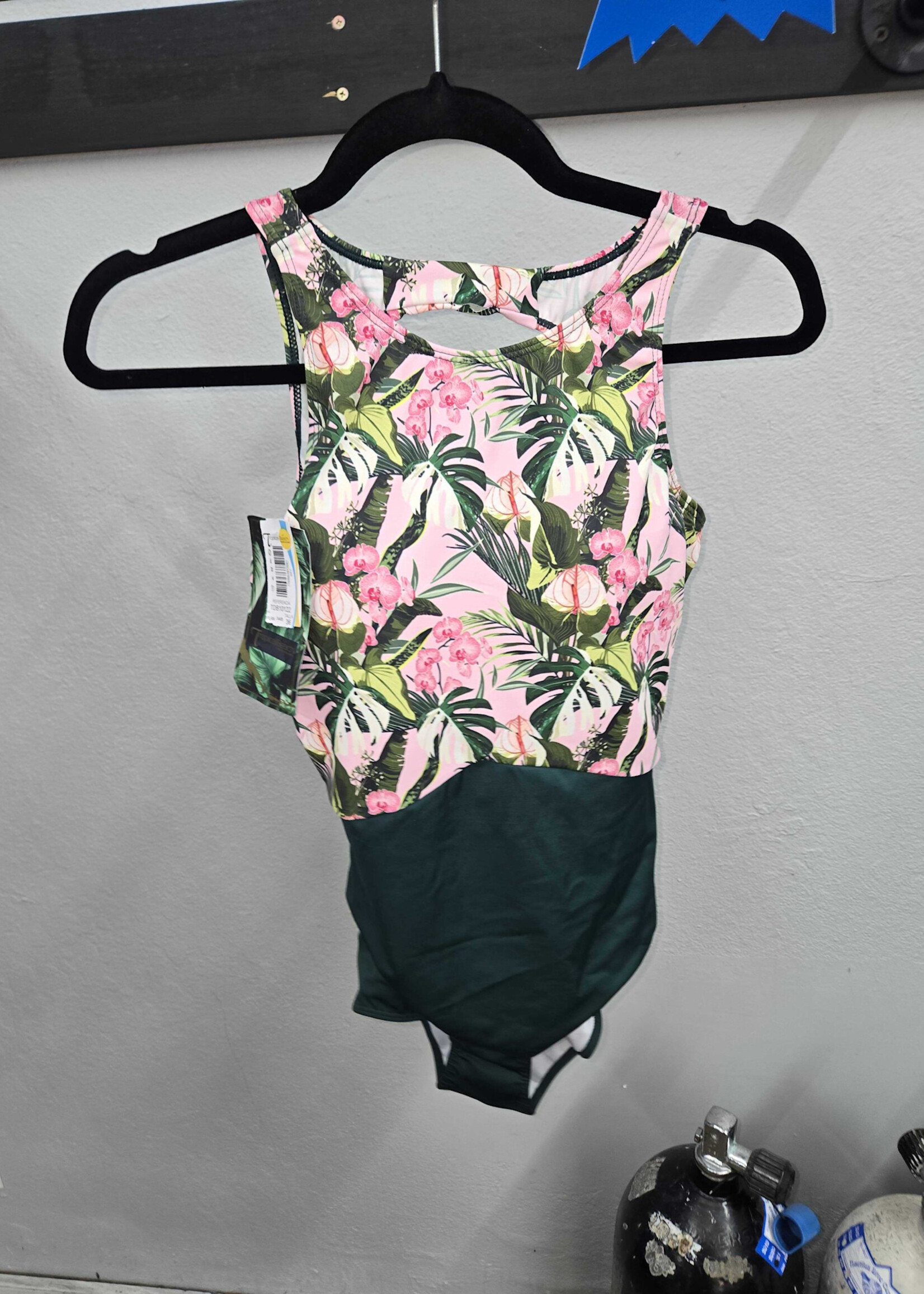 Mombora One Piece Swim Suit, Floral Top, Green Bottom - Assorted Sizes
