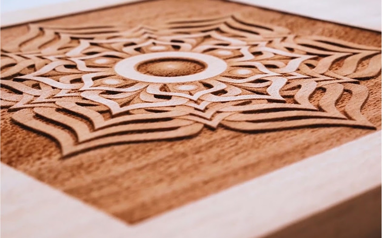 Angled view of a 3D engraved wooden flower