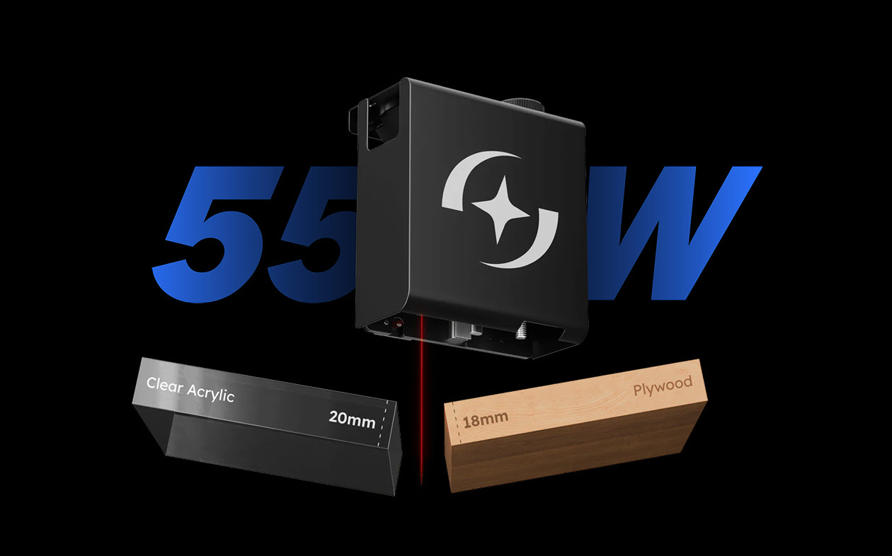 Infographic of a laser module cutting a clear block of acrylic of 20 mm thickness and plywood of 18 mm thickness in front of a text stating 55 W.