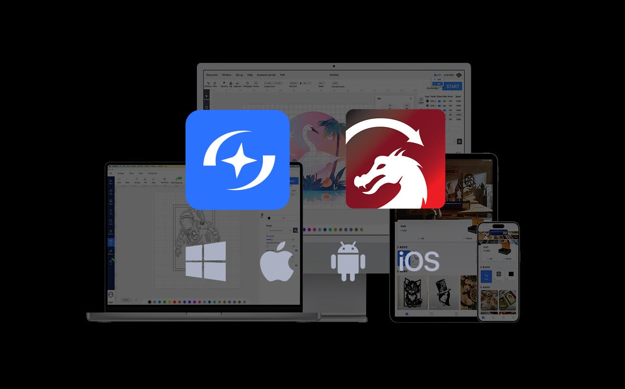 Icons of AtomStack Studio and Lightburn. Below are the icons for Windows, macOS, Android and iOS