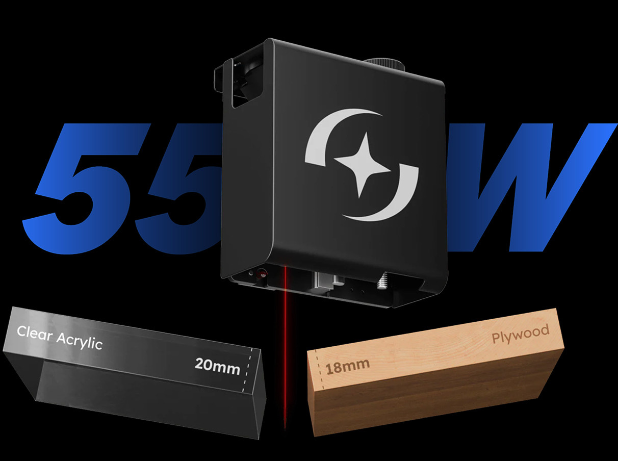 Infographic of a laser module cutting a clear block of acrylic of 20 mm thickness and plywood of 18 mm thickness in front of a text stating 55 W.