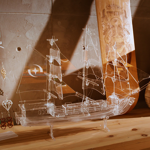 3D model of a ship out of clear acrylic.