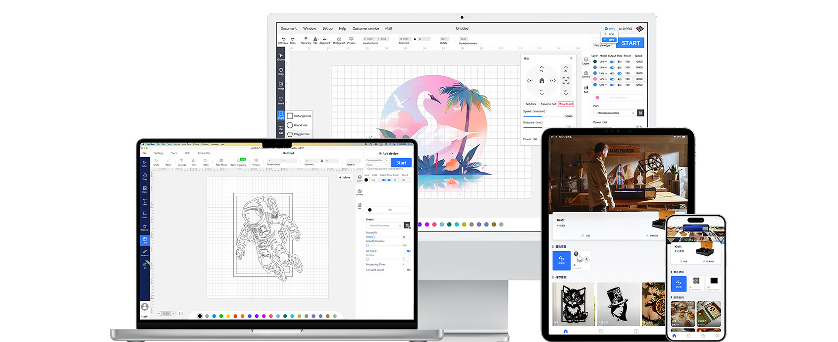 A desktop computer, laptop, tablet and phone showing AtomStack Studio.