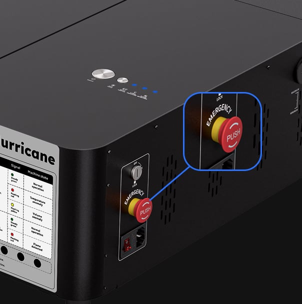 Side view of the AtomStack Hurricane with an inset of the emergency stop.