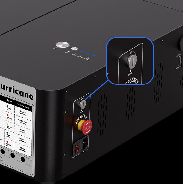 Side view of the AtomStack Hurricane with an inset of the safety lock.