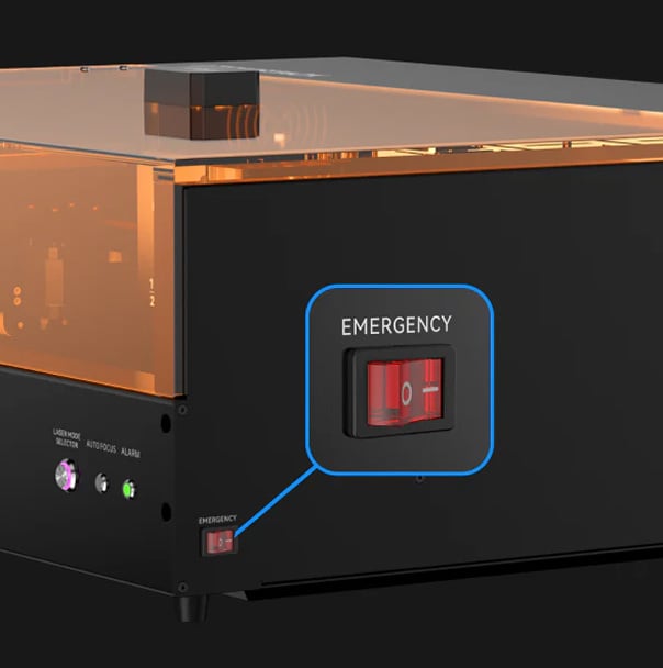 Side view of the AtomStack Kraft with an inset of the emergency stop button.