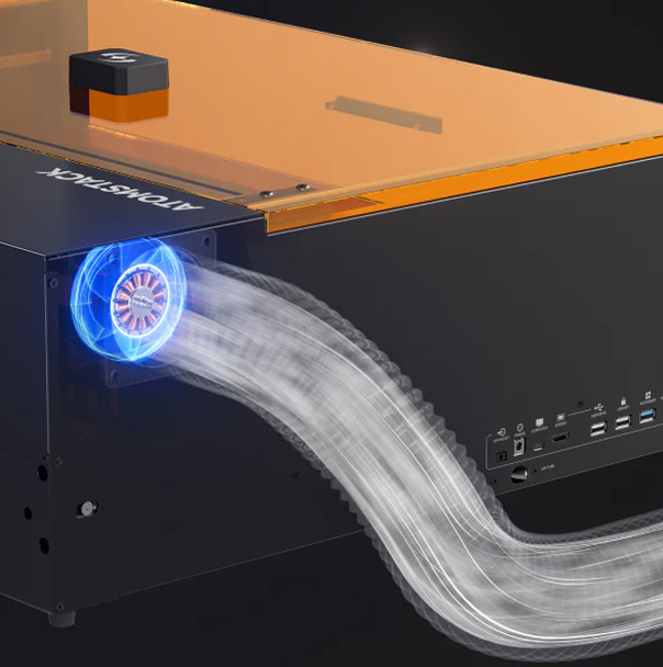 Exhaust vent showing the path of smoke and dust leaving the AtomStack Kraft.