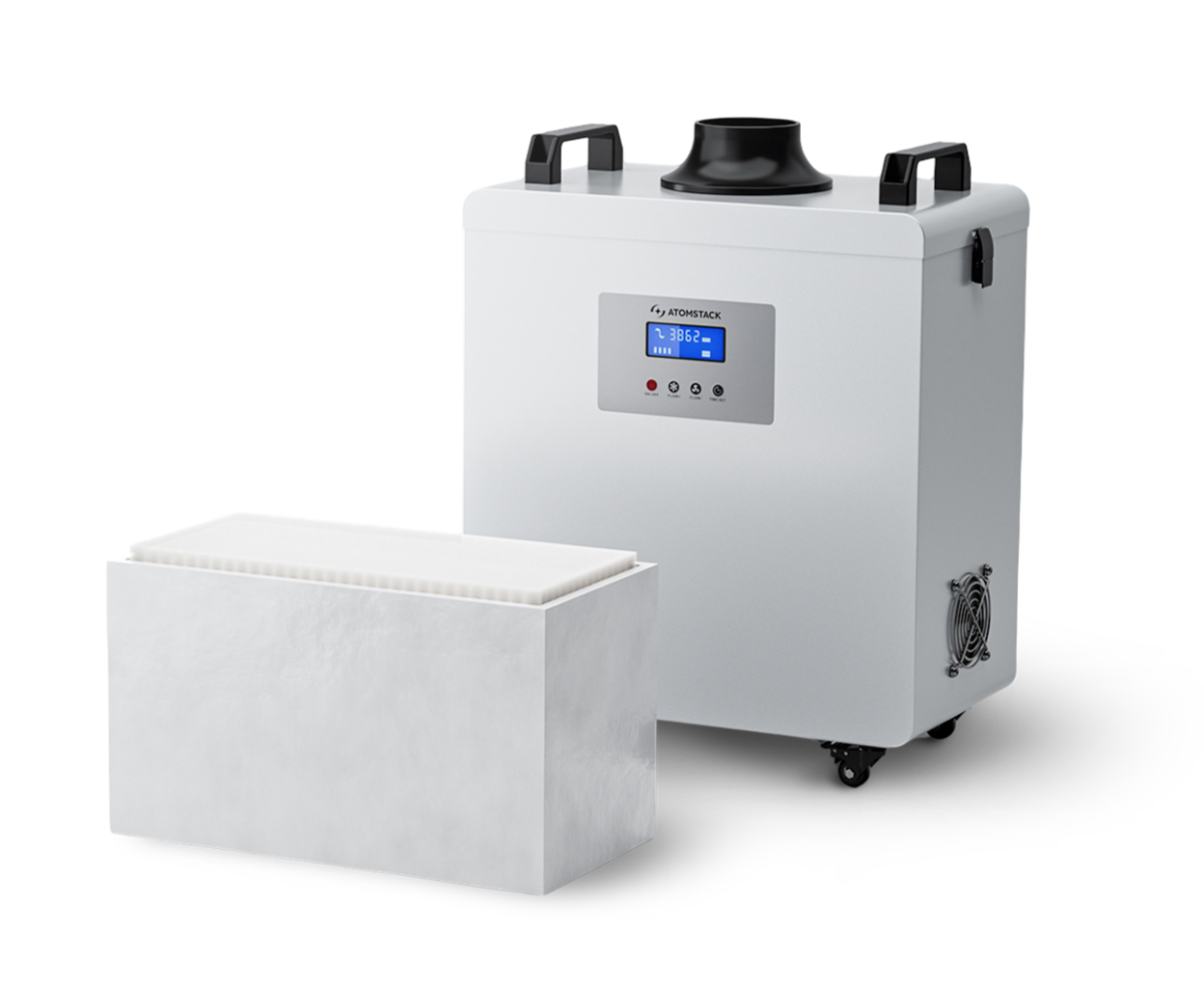 AtomStack D4 air purifier with an air filter standing in the front.