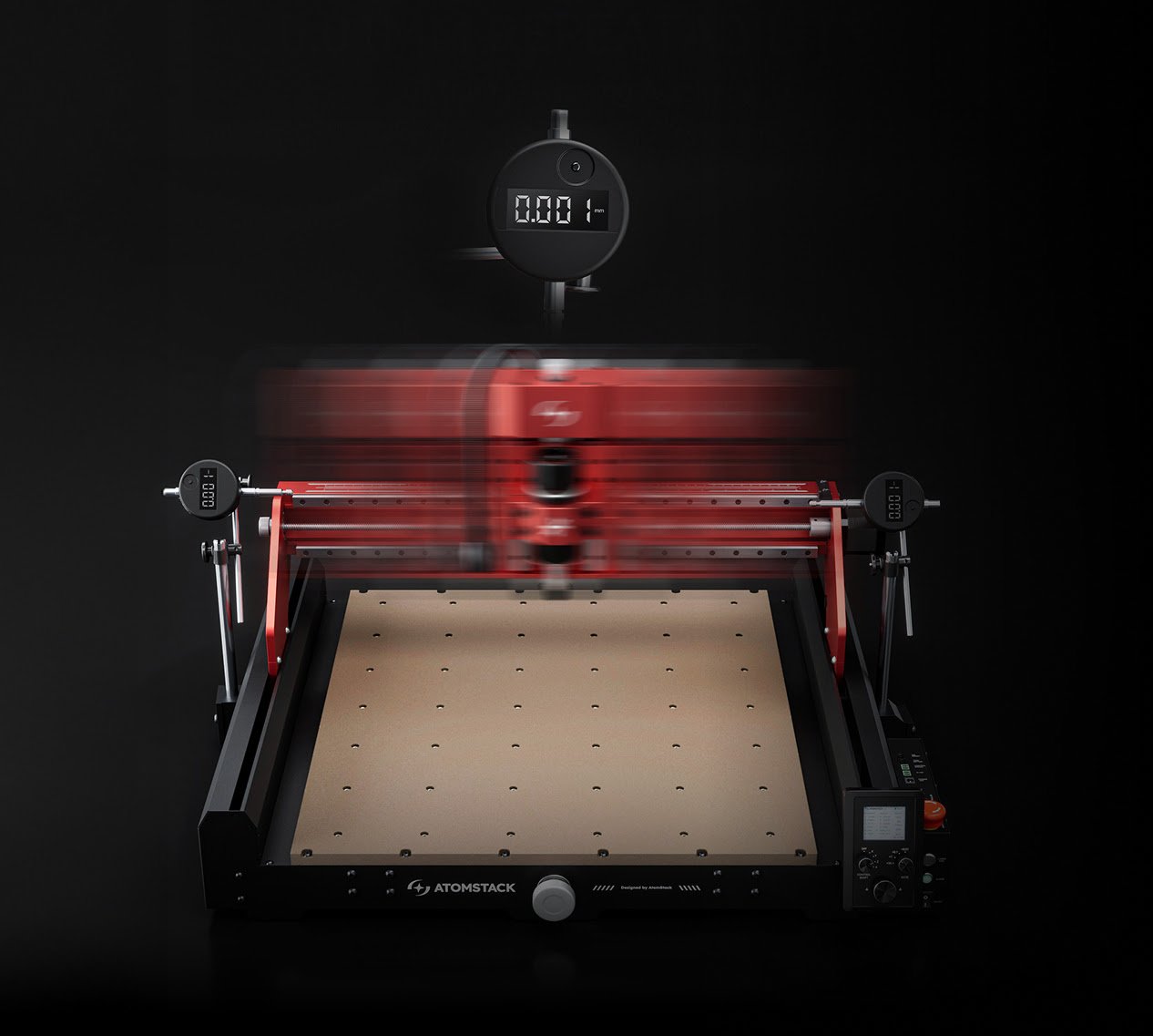 Frontal view of the AtomStack C4 CNC router where the spindle is moving very fast from left to right leaving a blurry trail behind showing the movement.