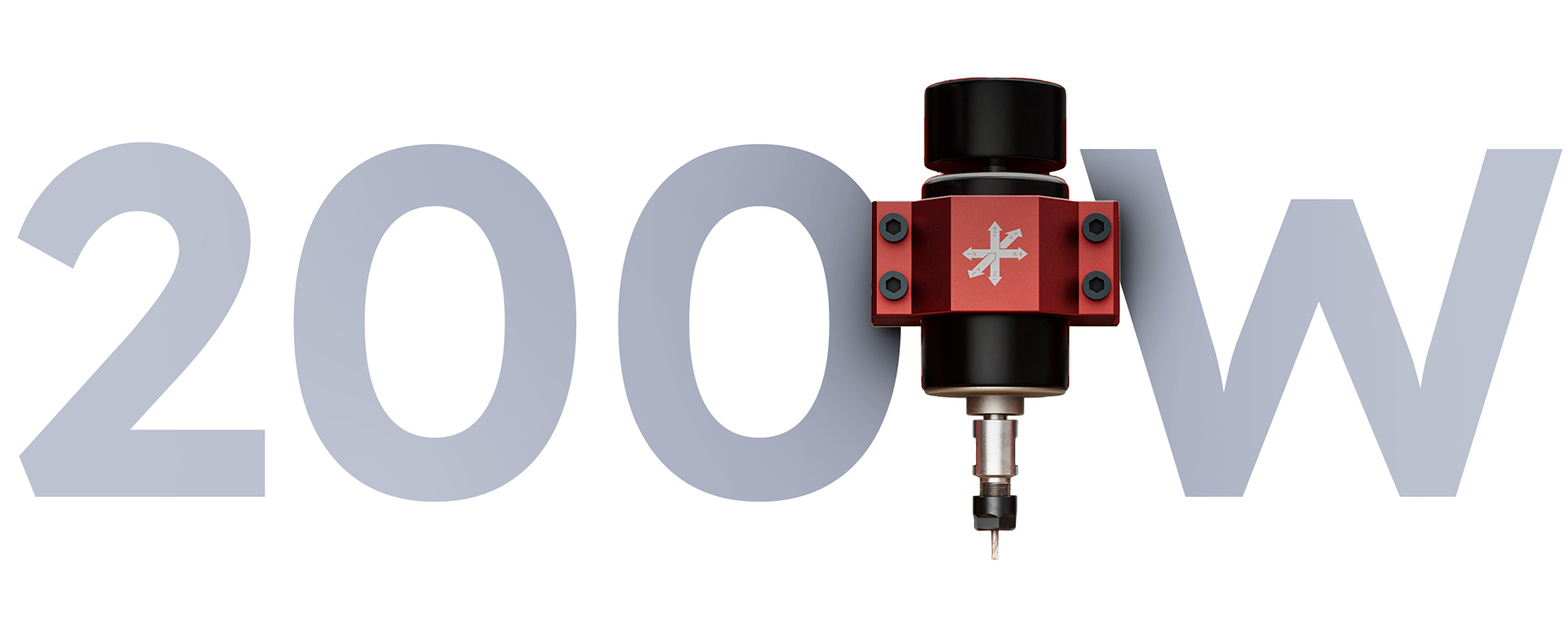 200 W text in light grey with an AtomStack C4 CNC spindle positioned between 200 and W slightly covering the text.