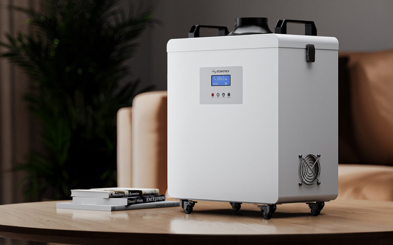 D4 air purifier standing on a wooden table in a room