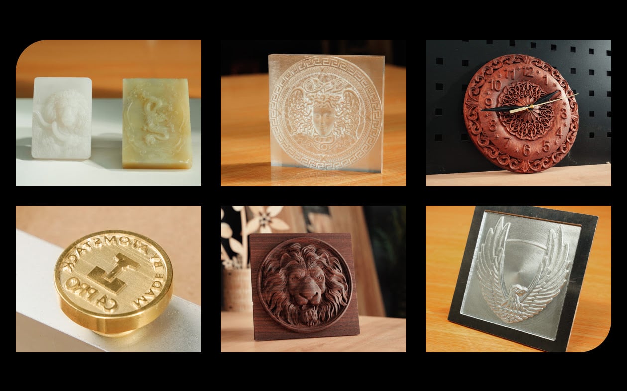 Examples of milled jade, acrylic, wood, metal and brass workpieces 