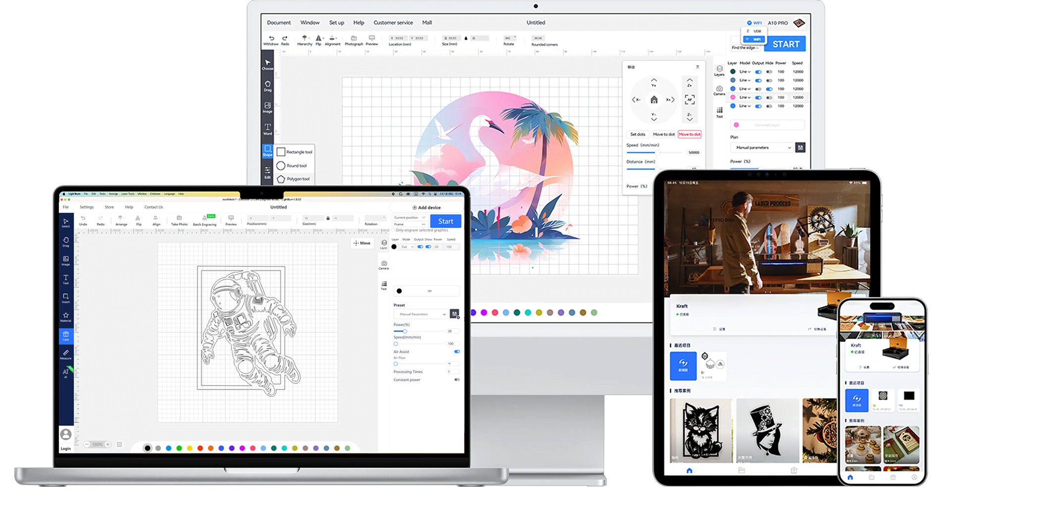 A desktop computer, laptop, tablet and phone showing AtomStack Studio.
