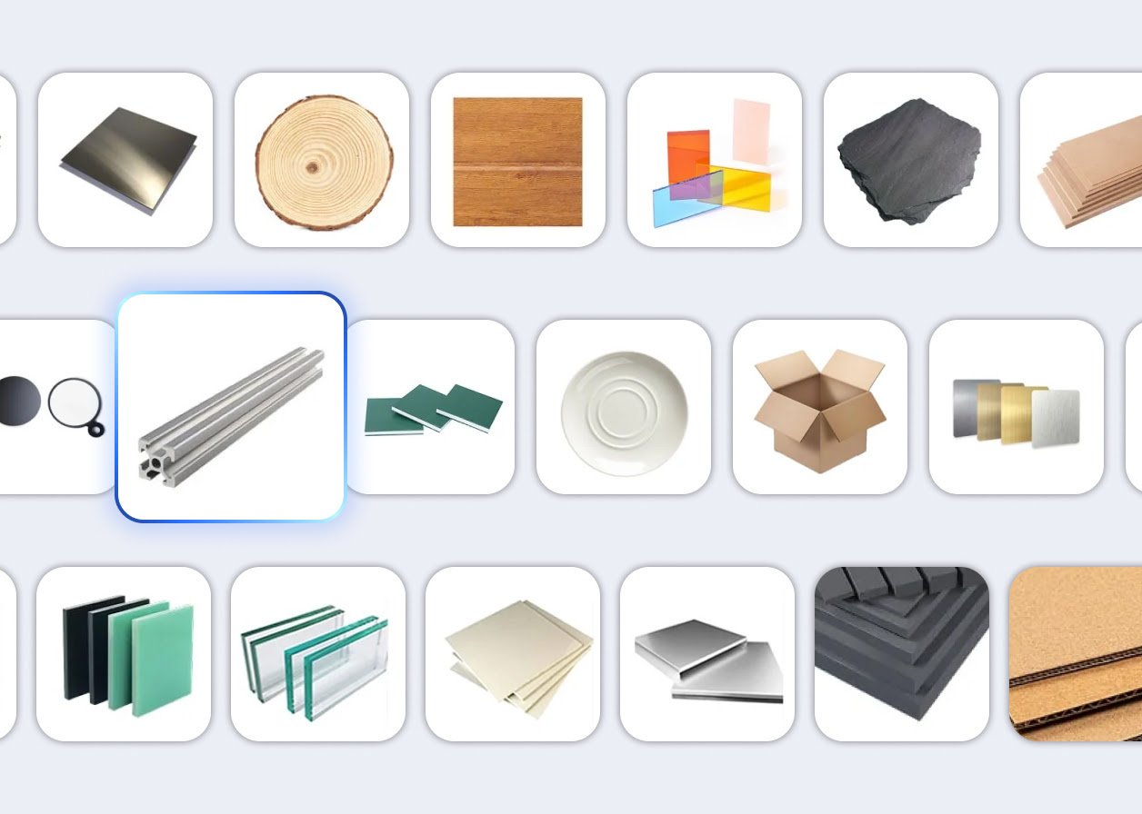 Three rows of squares showing a material preset in each: e.g. wood, acrylic, stone, ceramics, cardboard and more.