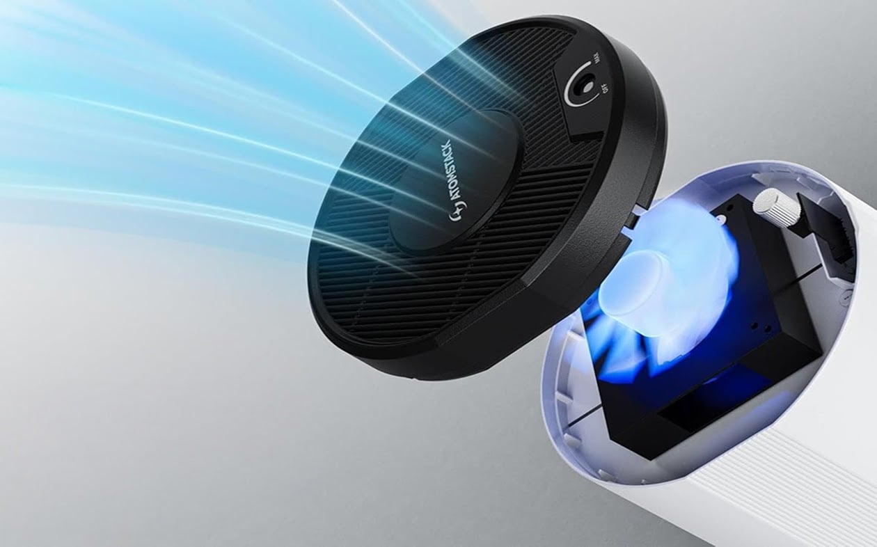 AtomStack D3 air purifier with the lid removed. Showing the air flow through the lid and the fan.