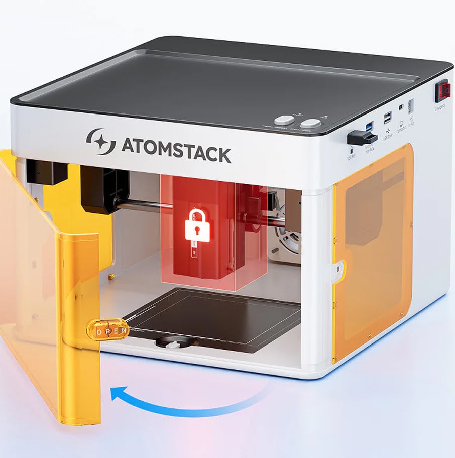 AtomStack P1 laser engraver with the door opened. The laser module is marked in red and has a padlock icon, showing it stops working when opening the door.