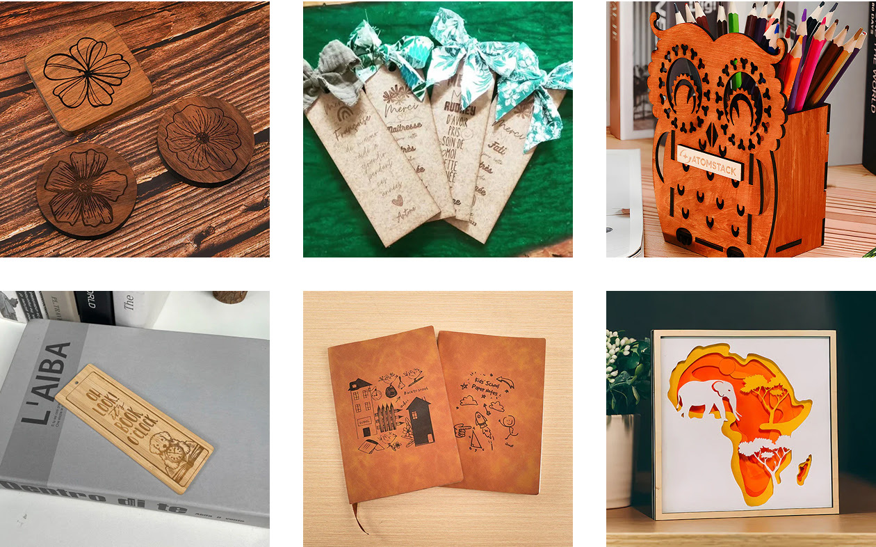 Grid with laser engraved examples: wooden coaster with flowers, cork bookmarks, an owl pencil holder in wood, bamboo bookmark, leather book covers, papercut design.