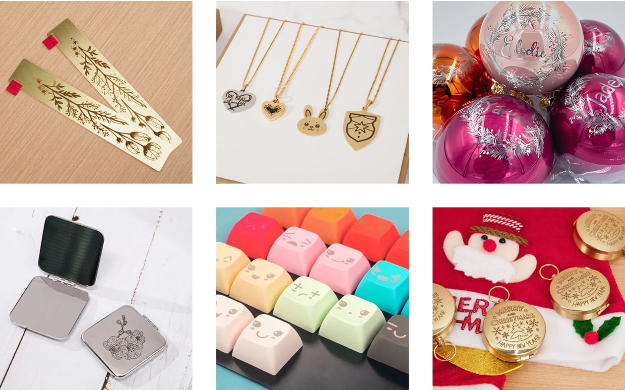 Grid with laser engraved examples with the IR module: metal bookmarks, gold and silver pendants, christmas baubles, metal box, keyboard keys, gold pocket watches