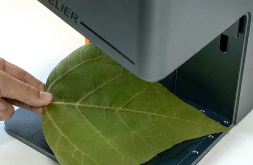 Hand putting a tree leaf inside the AtomStack Atelier