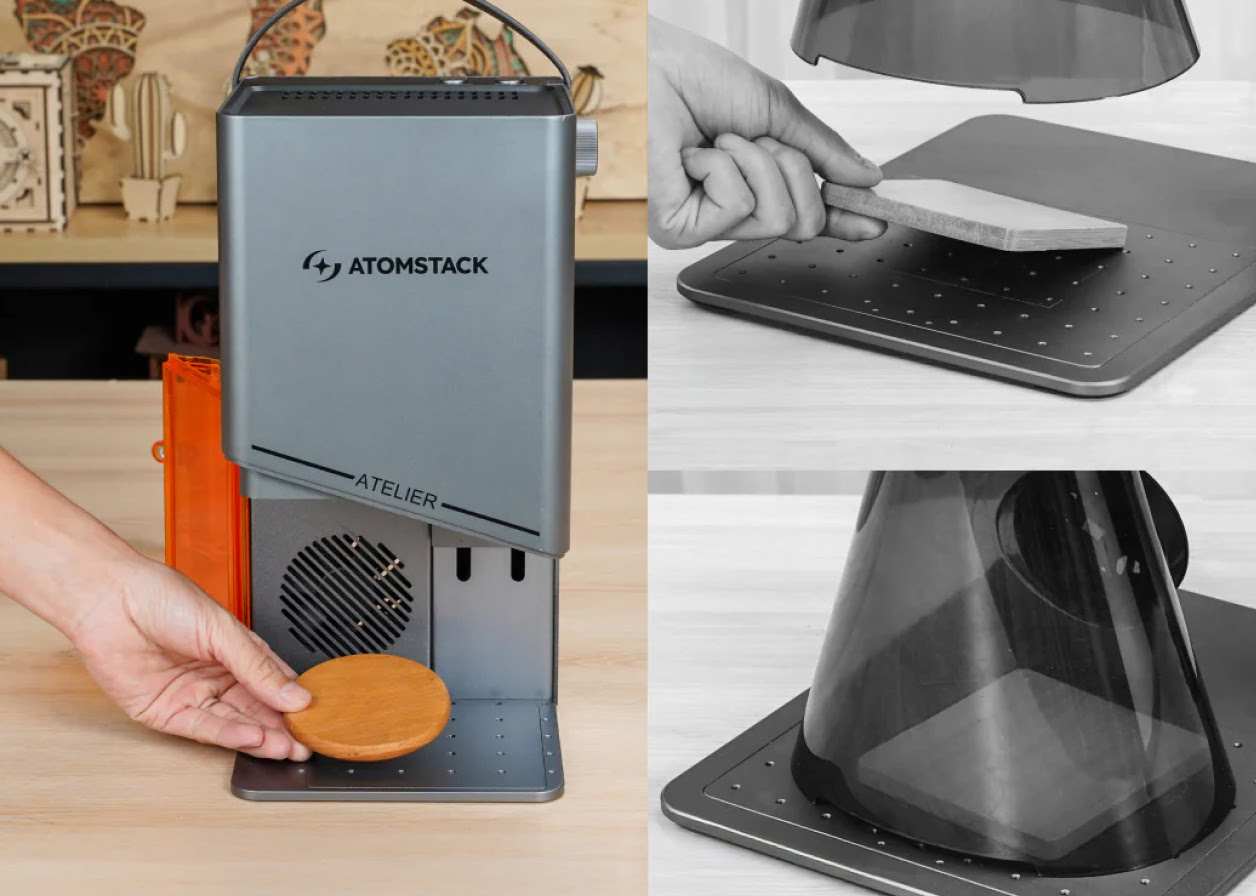 Split view. On the left a hand is placing a wooden coaster in the AtomStack Atelier. The door is open. On the right a plastic cover is being removed and placed back on a different brand laser engraver.
