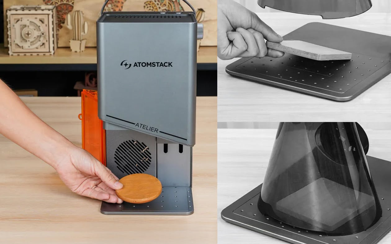 Split view. On the left a hand is placing a wooden coaster in the AtomStack Atelier. The door is open. On the right a plastic cover is being removed and placed back on a different brand laser engraver.