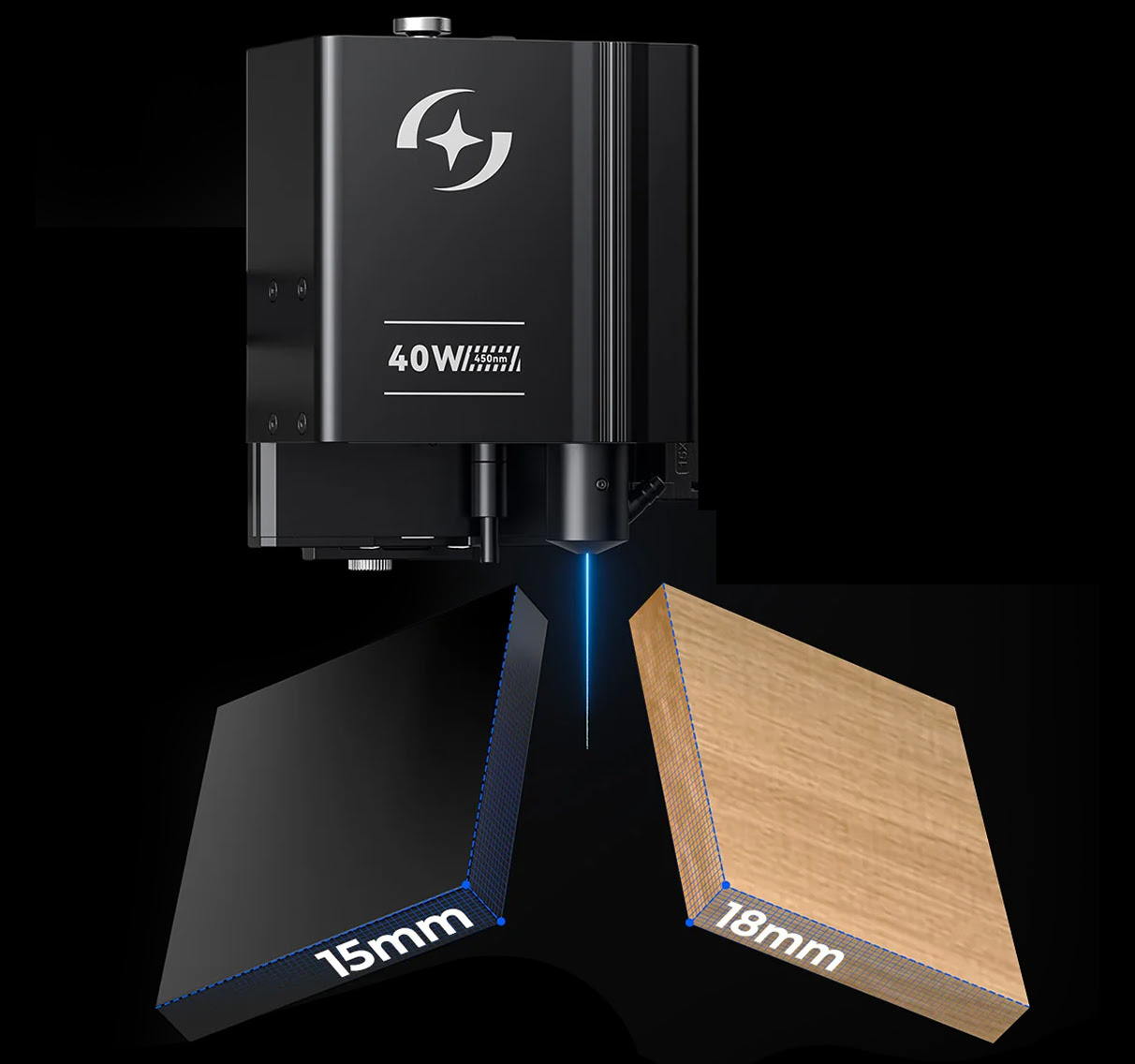 Infographic of a 40 W diode laser module cutting a block of black acrylic of 15 mm thickness and paulownia wood of 18 mm thickness in one pass.