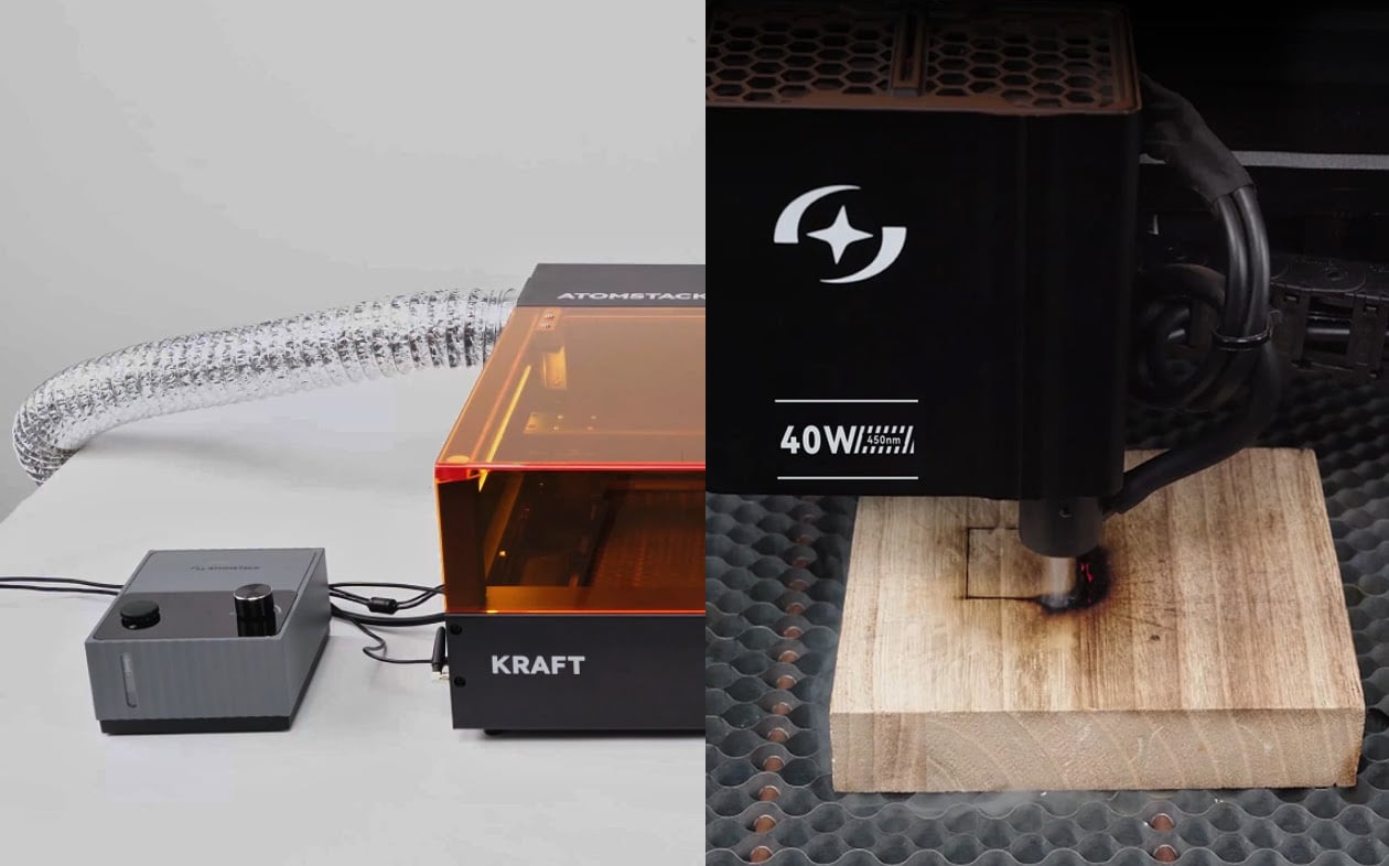 Dual image: left showing the flame extinguishing module, right a flame being extinguished