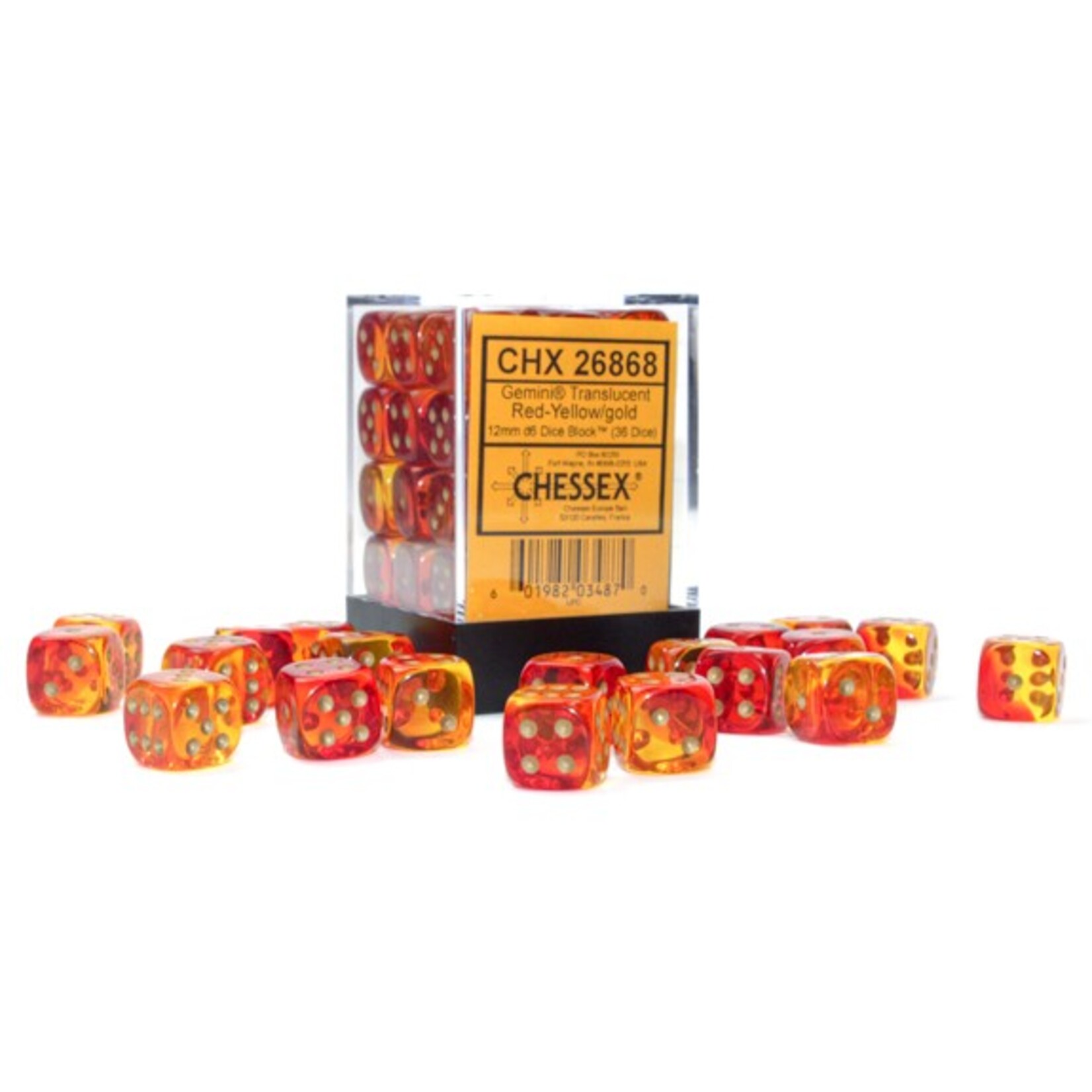 Chessex Chessex Gemini Translucent Red / Yellow with Gold 12 mm d6 36 die set