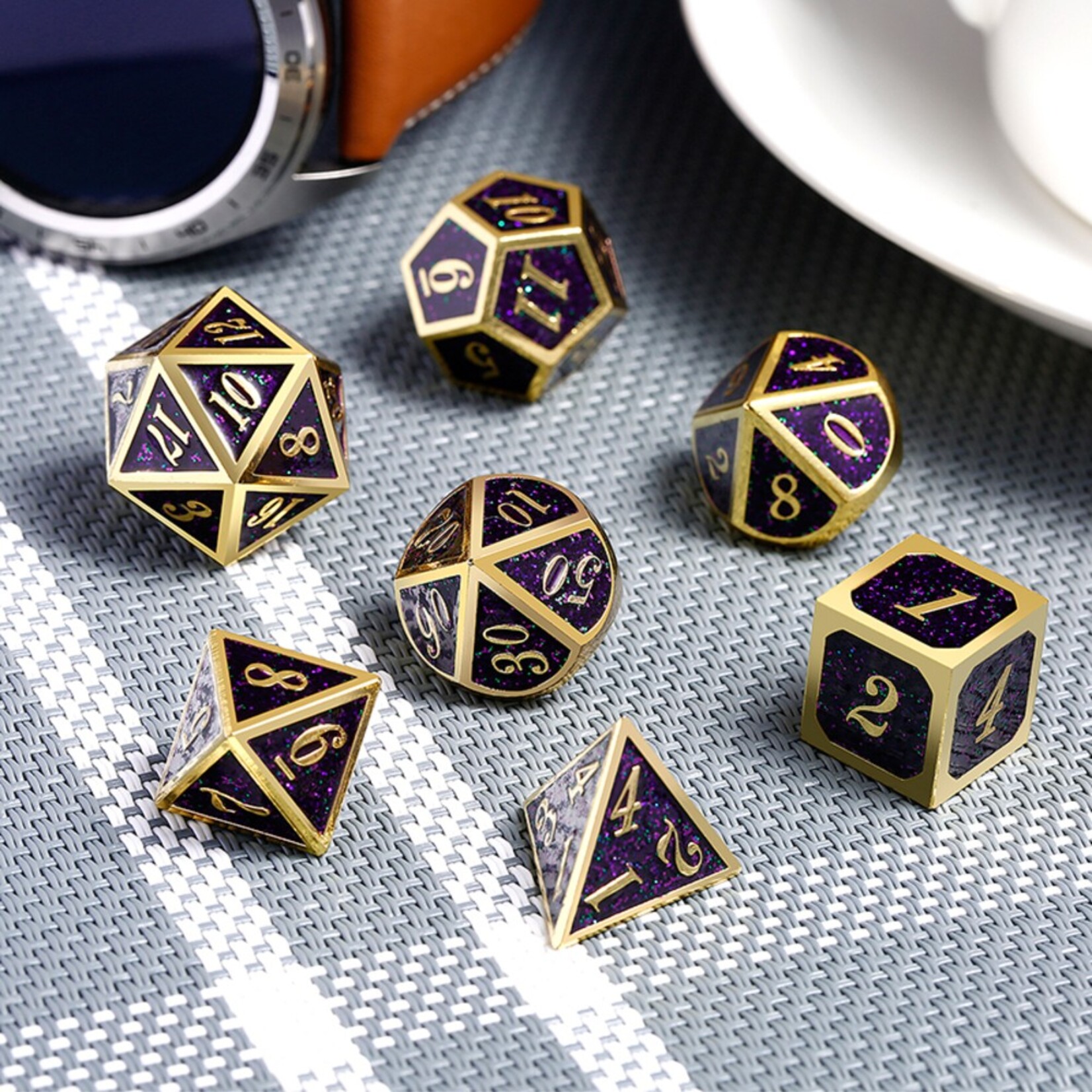 Dice Habit Dice Habit Aurora Purple Speckle with Gold Metal Polyhedral 7 die set