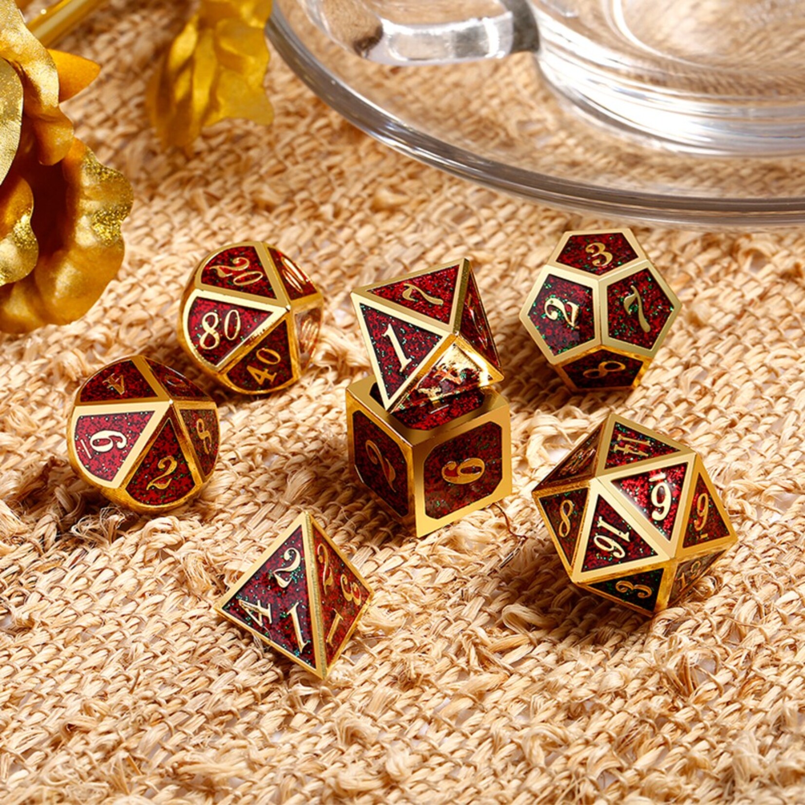Dice Habit Dice Habit Fireflies Red Speckle with Gold Metal Polyhedral 7 die set