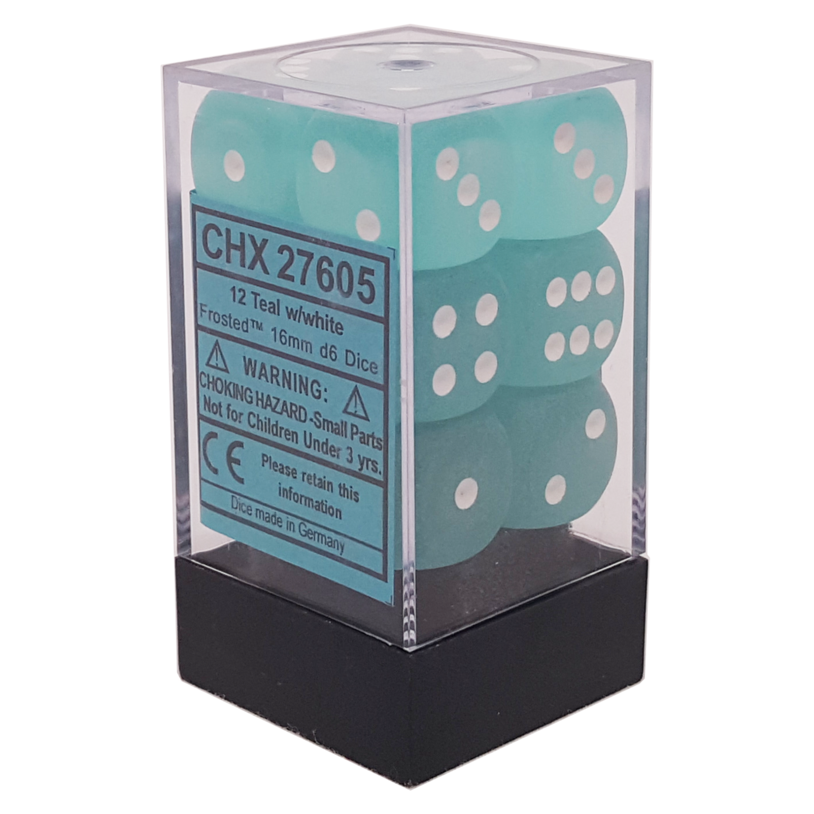Chessex Chessex Frosted Teal with White Block 16 mm d6 12 die set