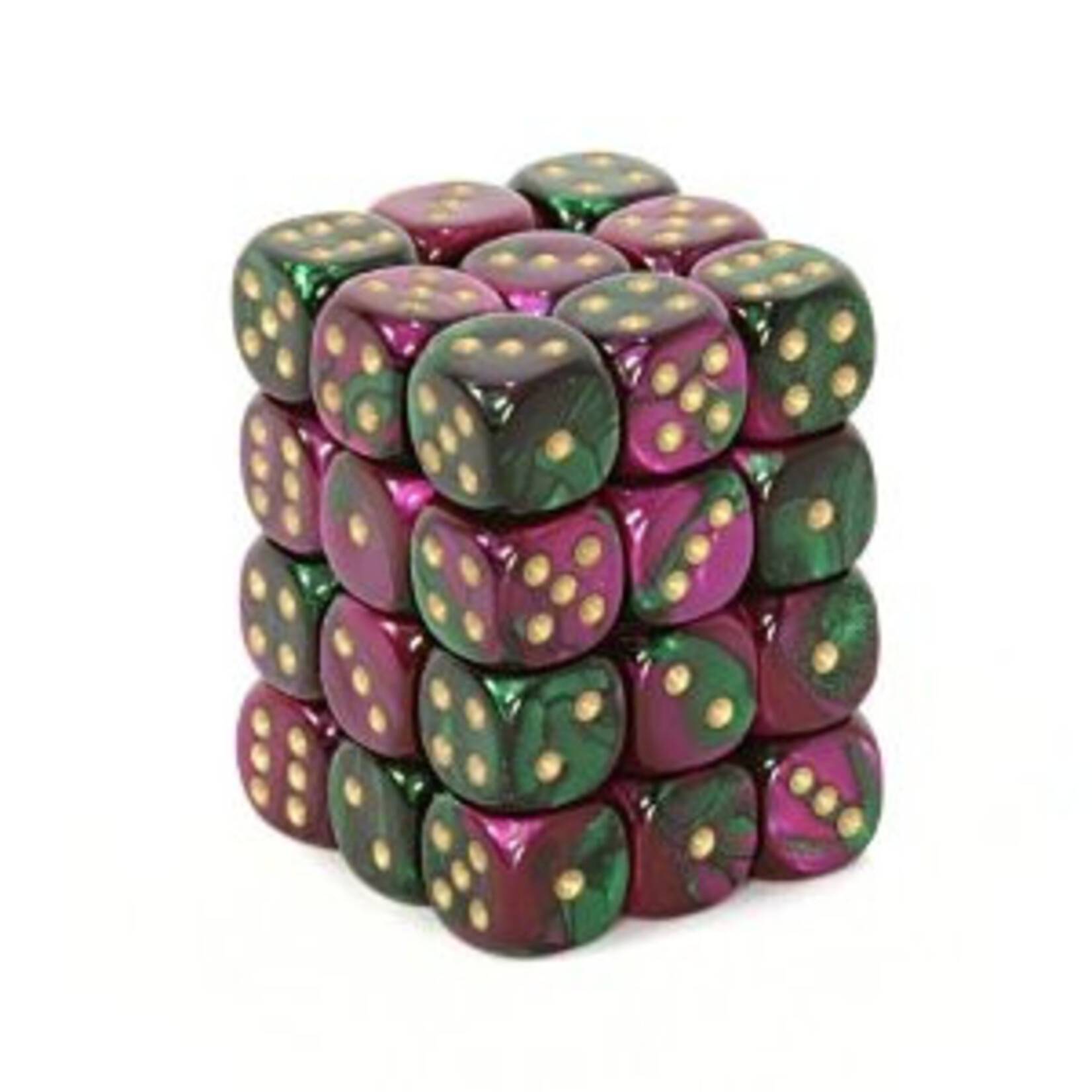 Chessex Chessex Gemini Green / Purple / Gold with Black 12 mm d6 36 die set