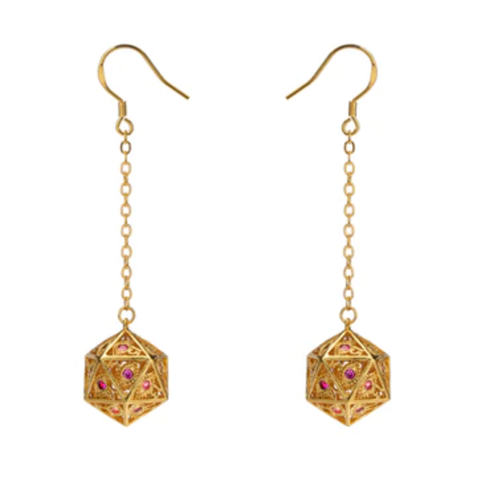 HYMGHO Dragon's Eye d20 Earrings Gold with Red Gems