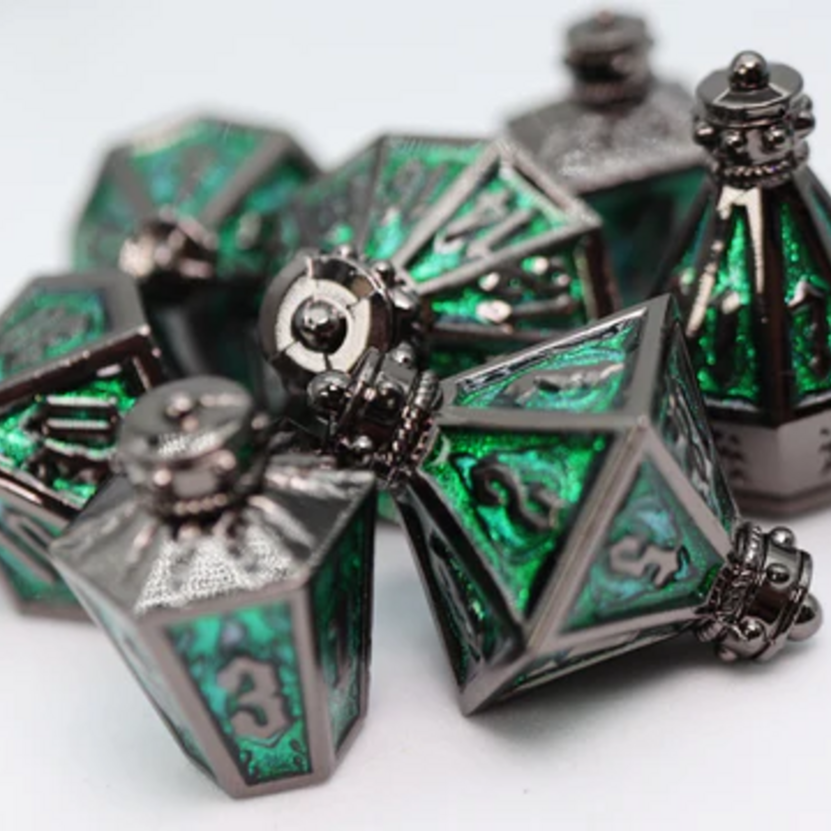 Foam Brain Games Moonlit Lantern Midnight Acidfire Metal RPG dice 7 die set