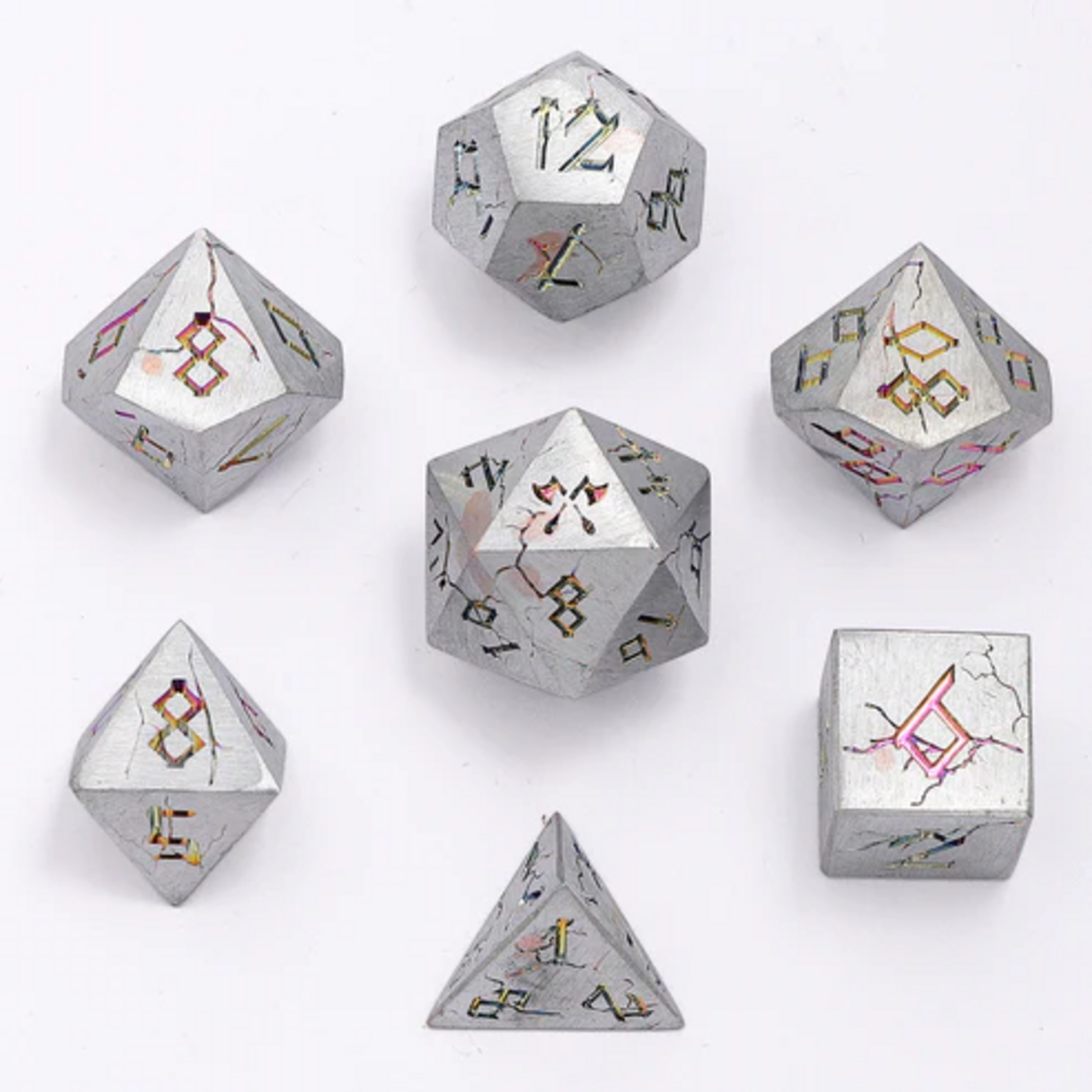 HYMGHO Hymgho Solid Metal Barbarian Matte Silver w/ Rainbow Polyhedral 7 die set