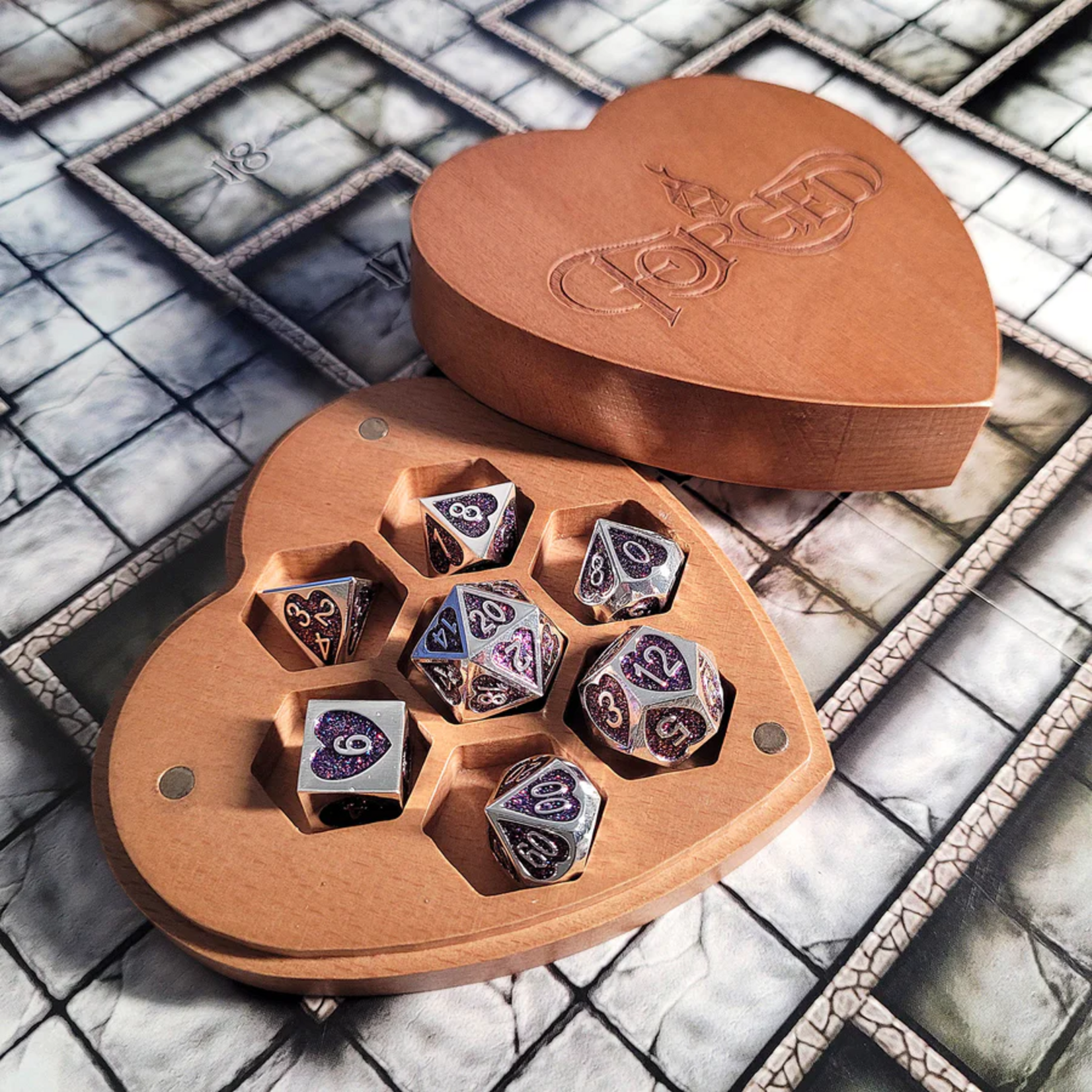 Forged Forged Soaring Heart Brown Metal Dice Box with Polyhedral 7 die set