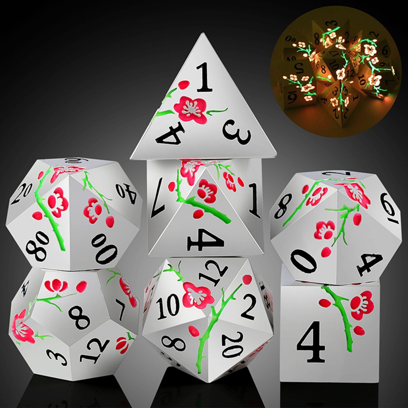 Dice Habit Dice Habit Sakura Silver and Pink GLOW Metal and Enamel Polyhedral 7 die set