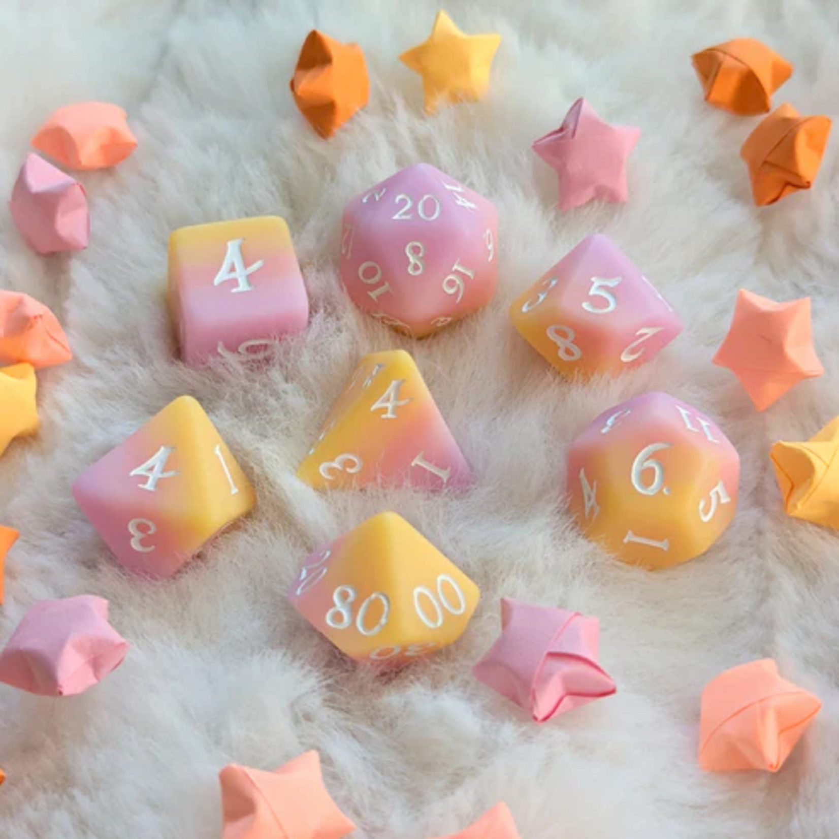 Fennek and Finch Sorbet and Sunset Polyhedral 7 die set