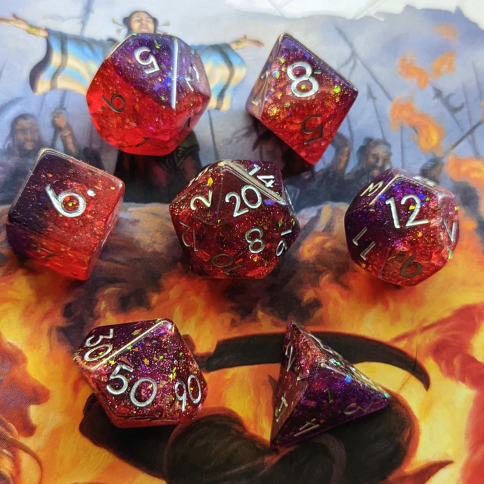 Fennek and Finch Gambit Red and Purple Polyhedral 7 die set