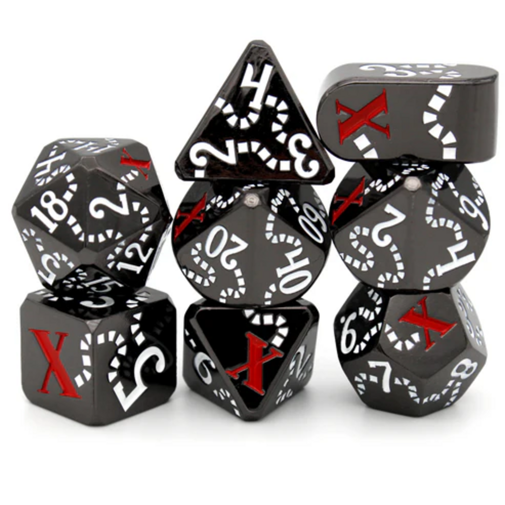 Dice Envy Dice Envy Black Pearl Black w/ White and Red Metal Polyhedral 7 die set