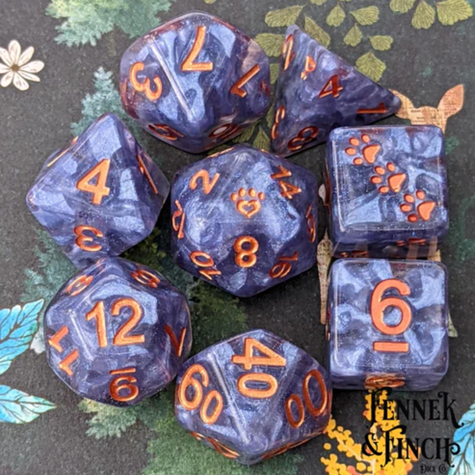 Fennek and Finch Ceanothus Clear Blue Violet Clouds Copper Polyhedral 8 die set