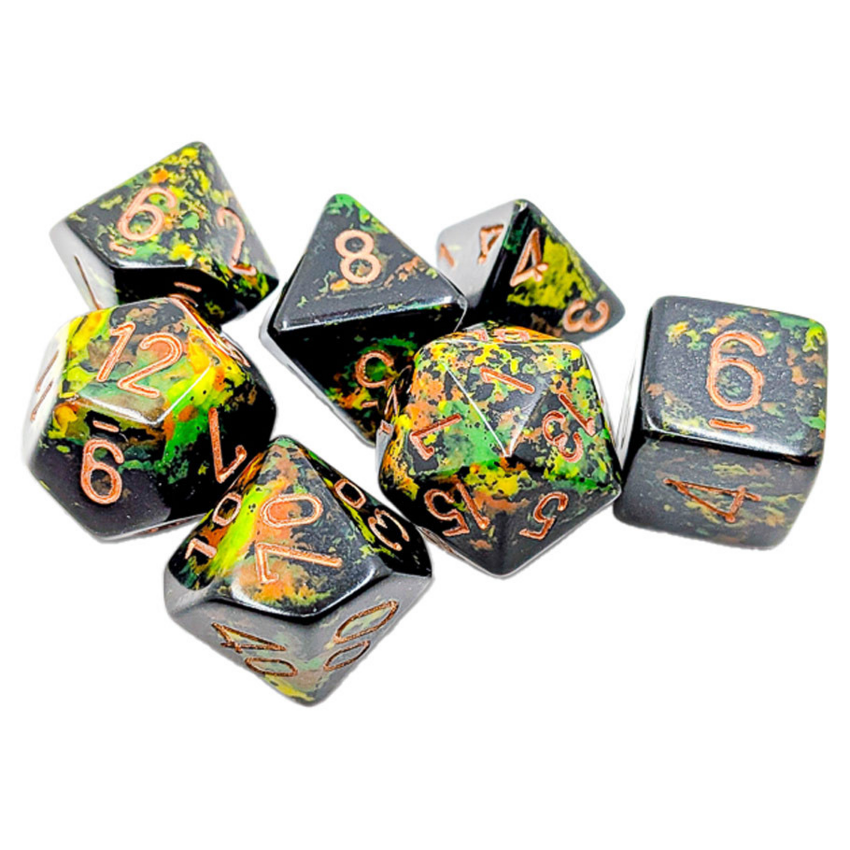 Chessex Chessex Brush Deep Forest Black and Green w/ Orange Polyhedral 7 die set