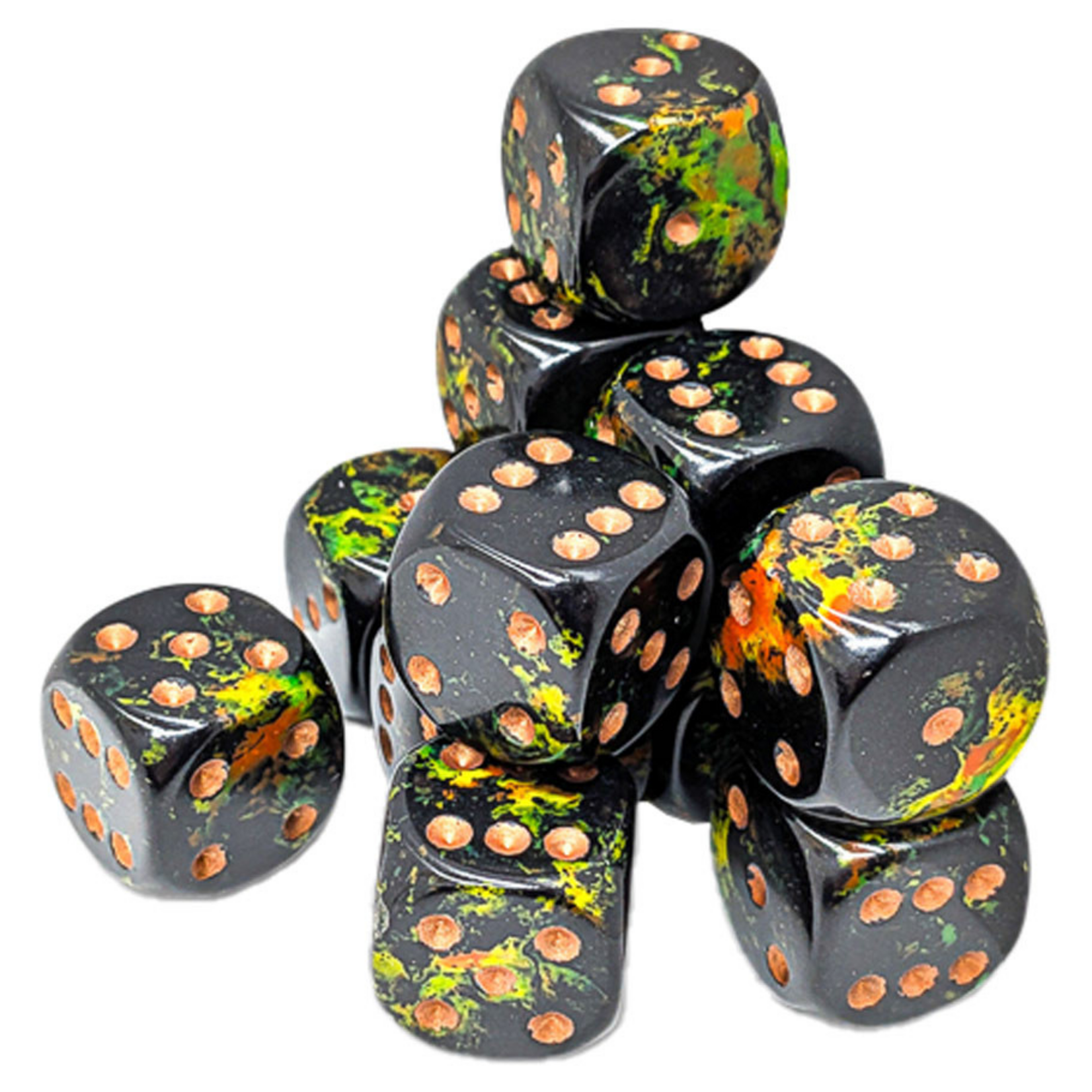 Chessex Chessex Brush Deep Forest Black and Green w/ Orange 16 mm d6 12 die set