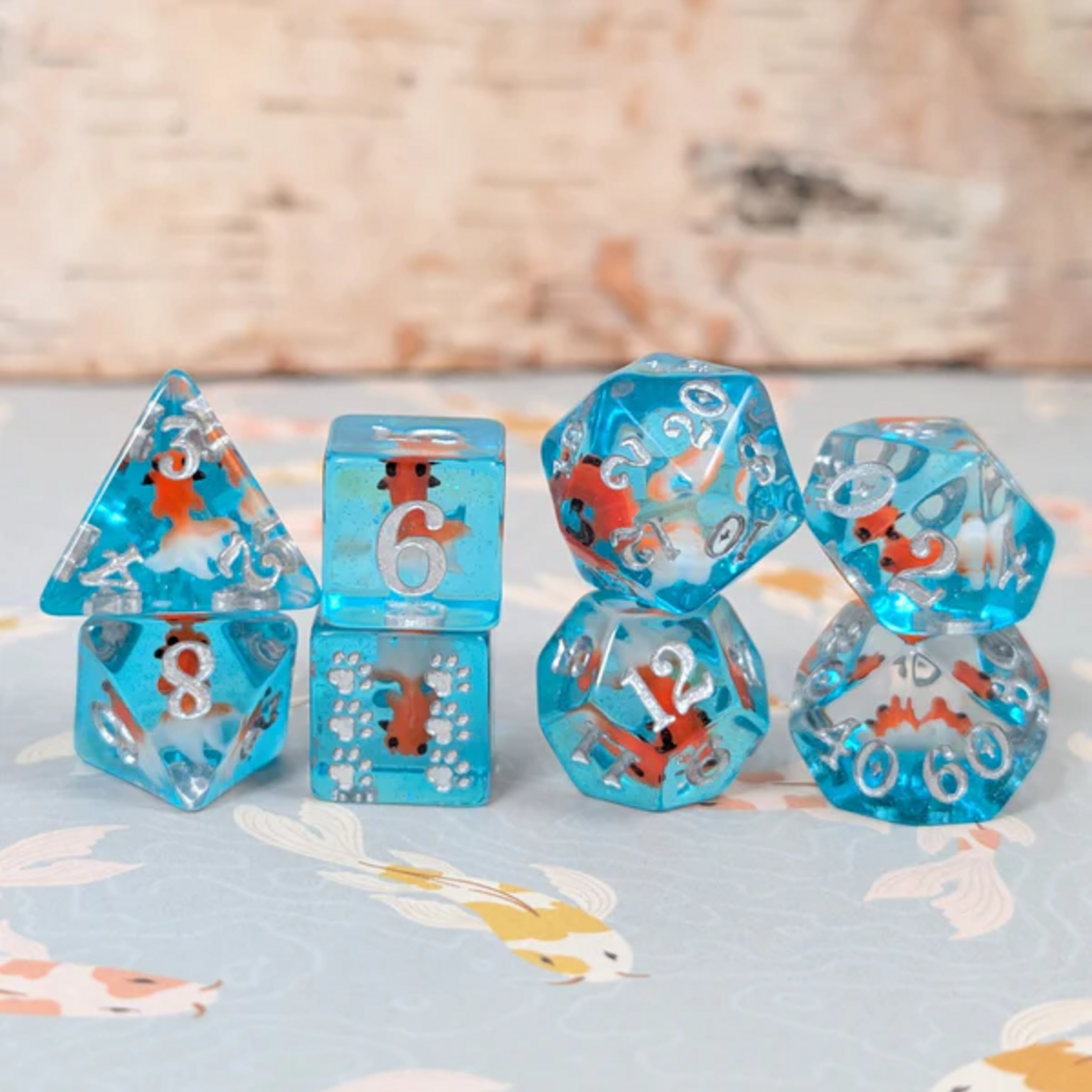 Fennek and Finch Goldfish Resin Animal Dice Translucent Blue w/ Silver Polyhedral 8 die set