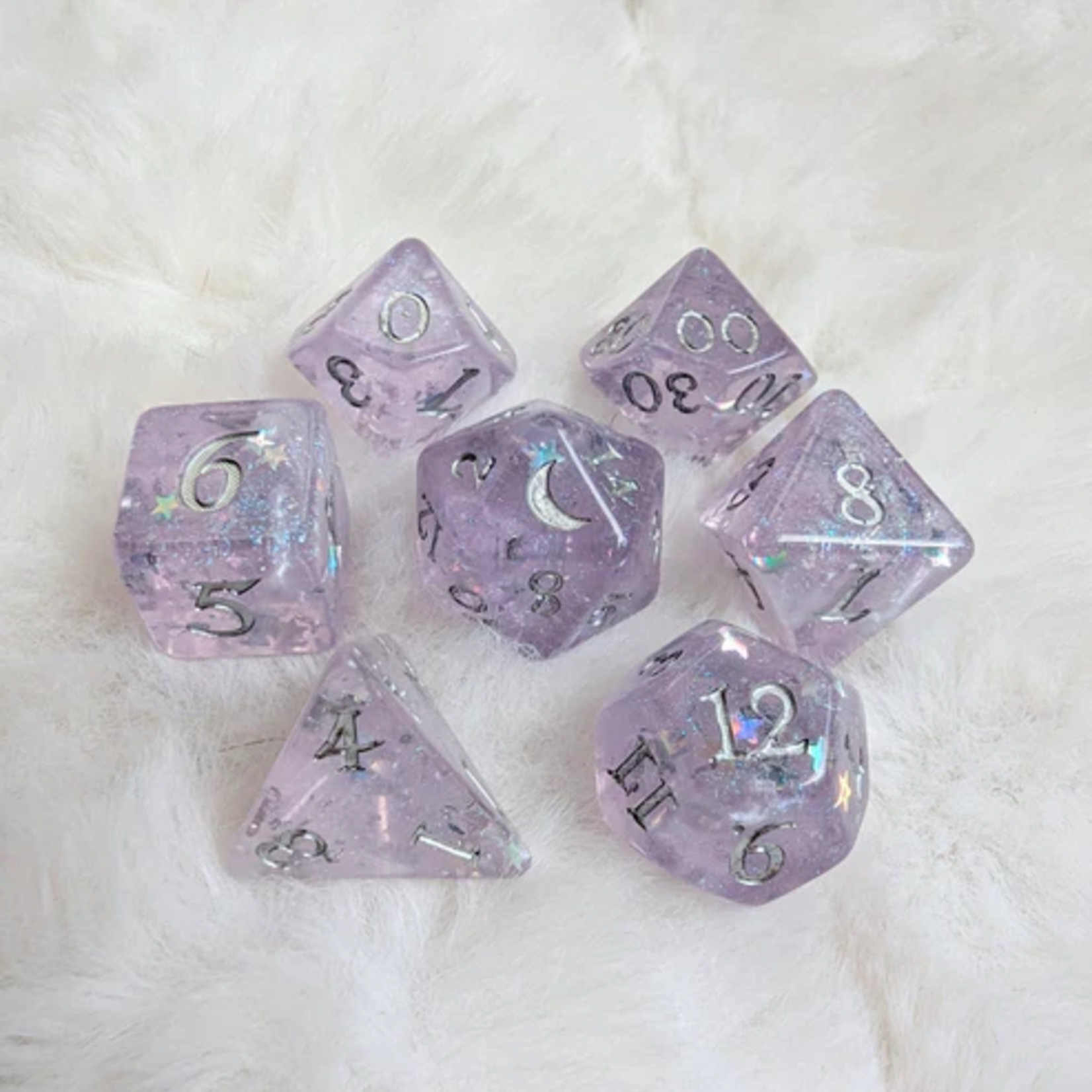 Fennek and Finch Lavender Moonbeam White w/ Pearl Shimmer Polyhedral 7 die set